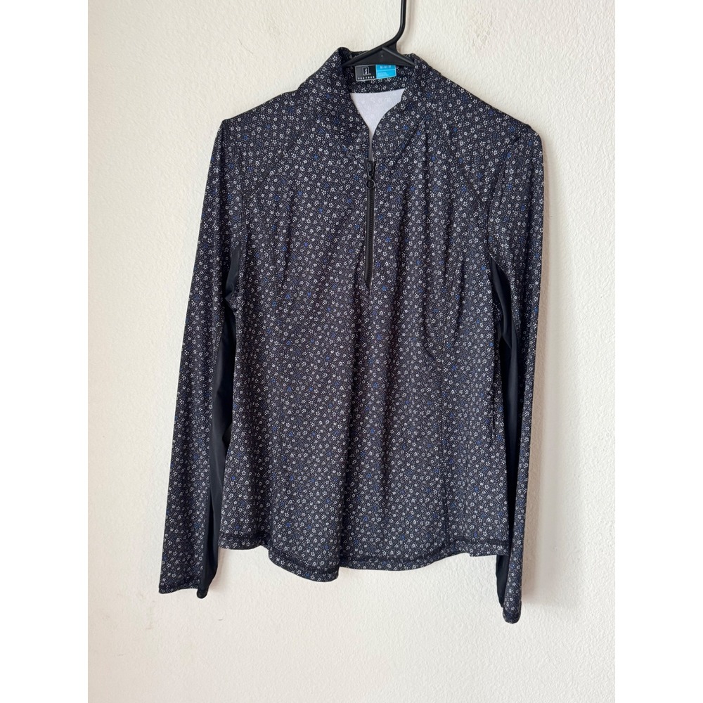 PGA Tour Womens Medium Black Floral Quarter Zip Long Sleeve Golf Top Mesh Panels